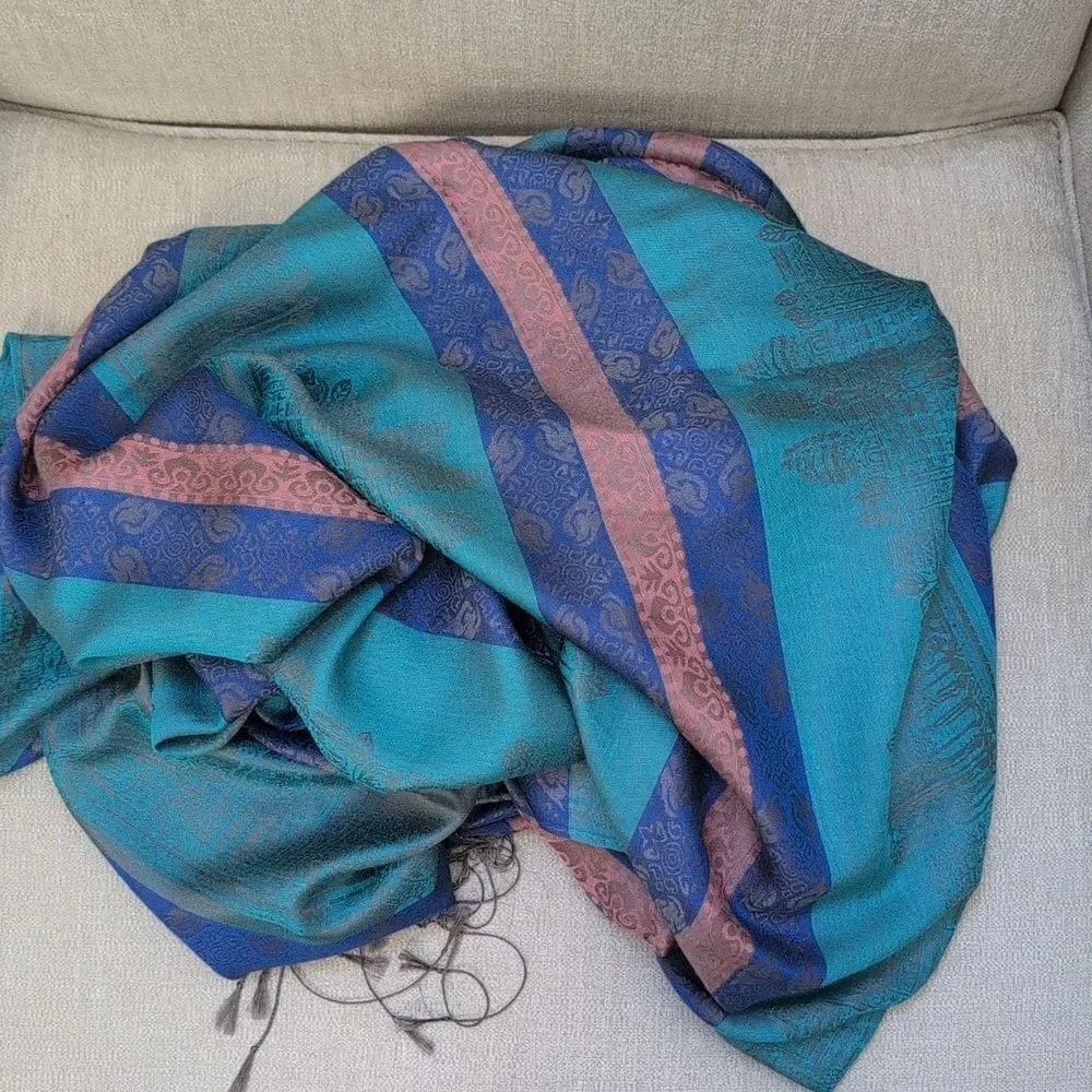 Elegant Multicolor Silk Mixed Stripe Jacquard Scarf Wrap with Fringe